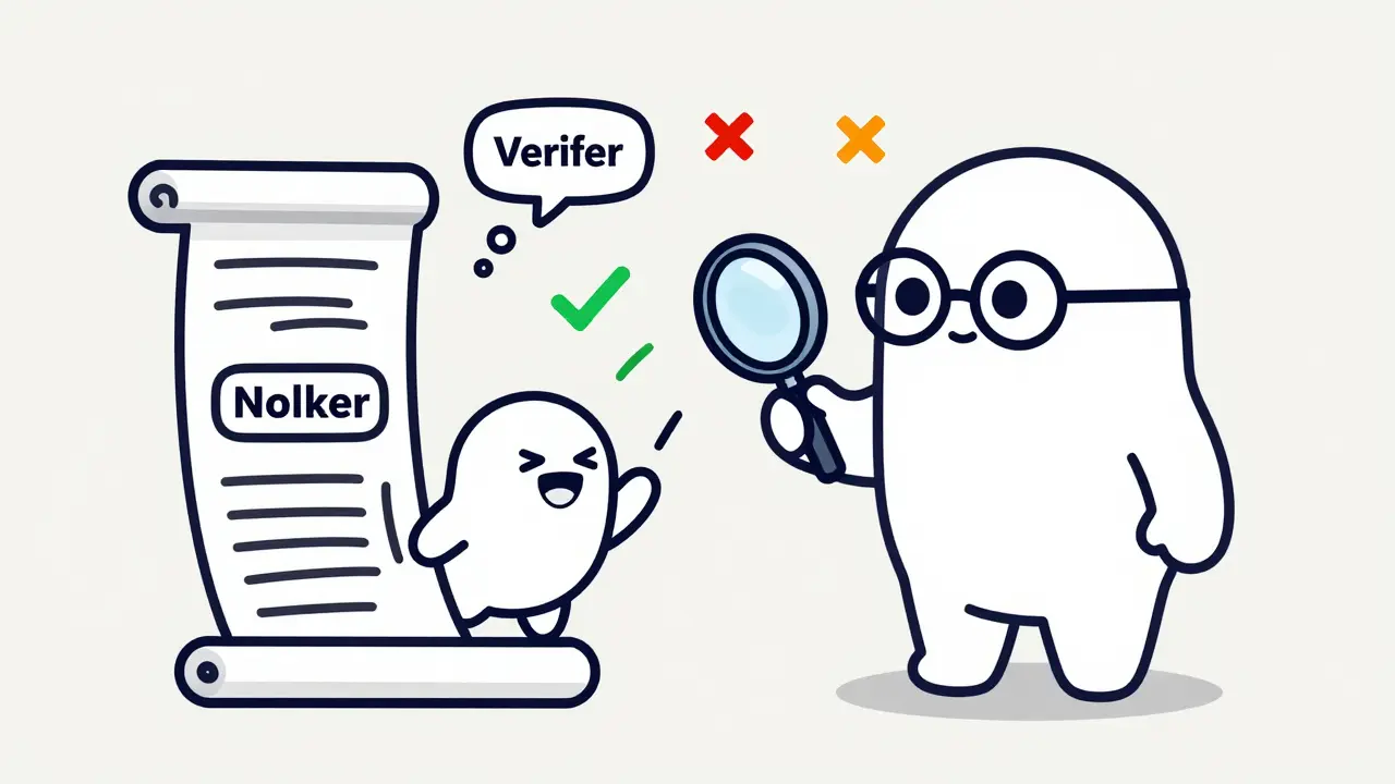 A small draft AI model proposing tokens to a larger verifier AI model.