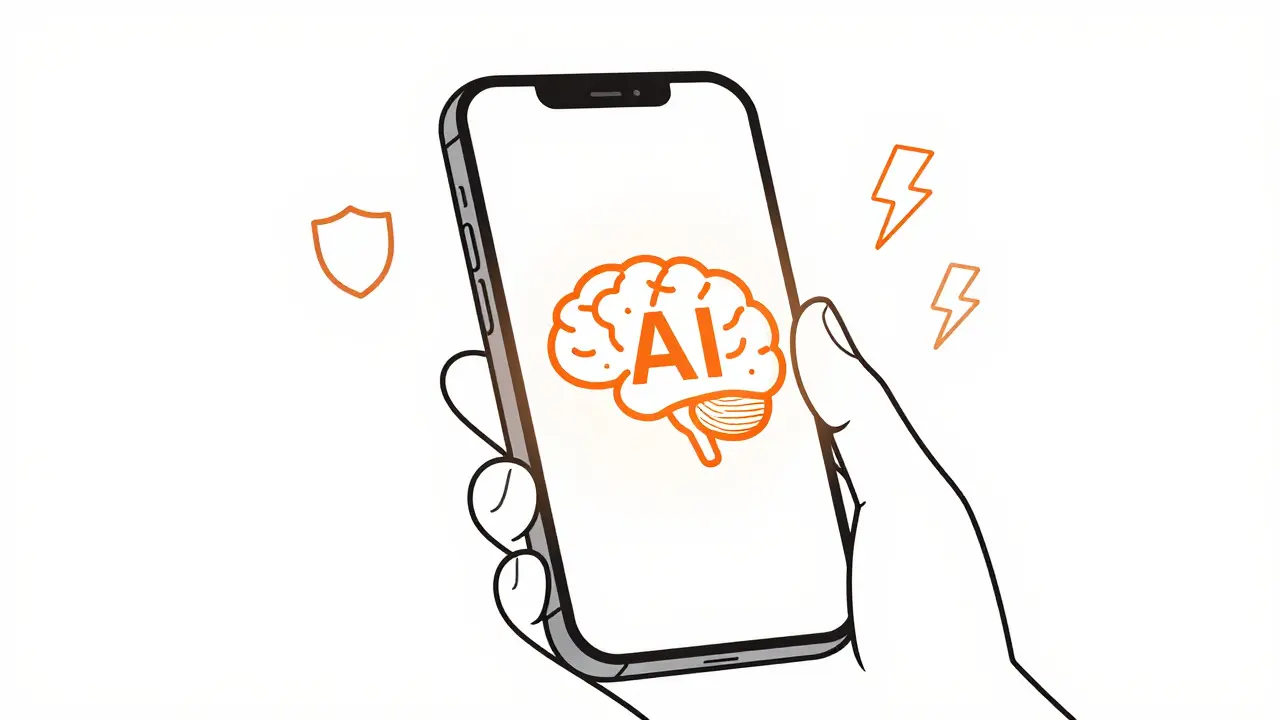 A smartphone emitting a brain symbol with privacy and speed icons.