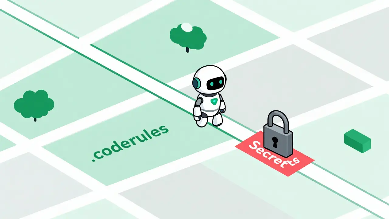 AI robot following a rules path in a repository while avoiding a locked secrets folder.