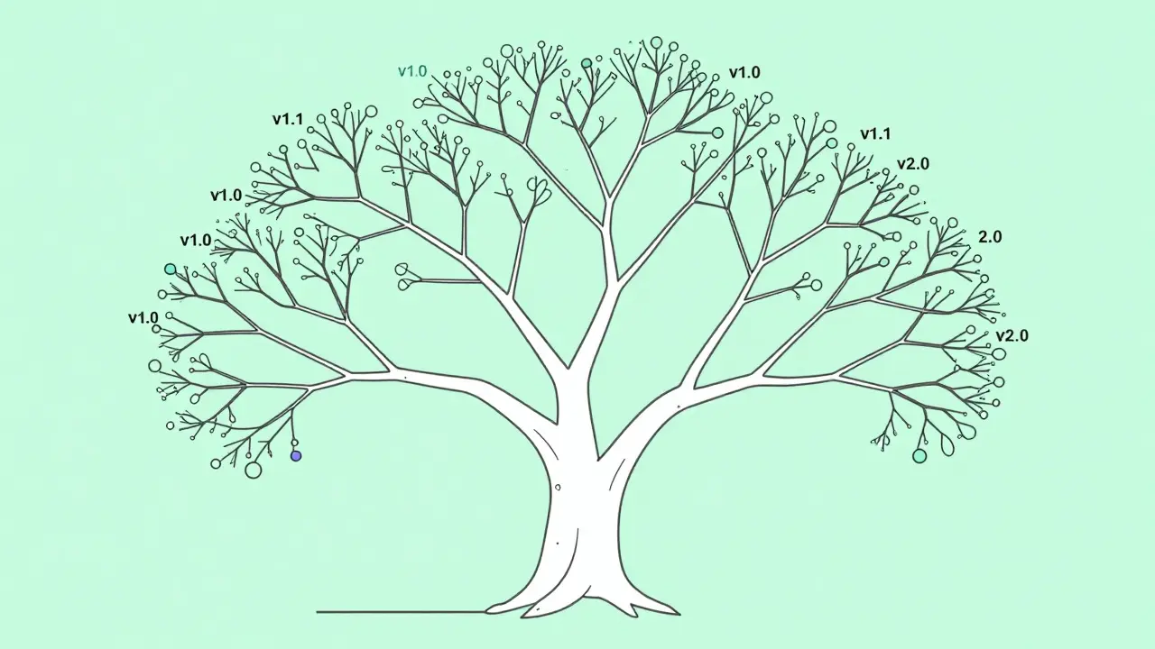 Branching version control tree showing the evolution of AI prompts.
