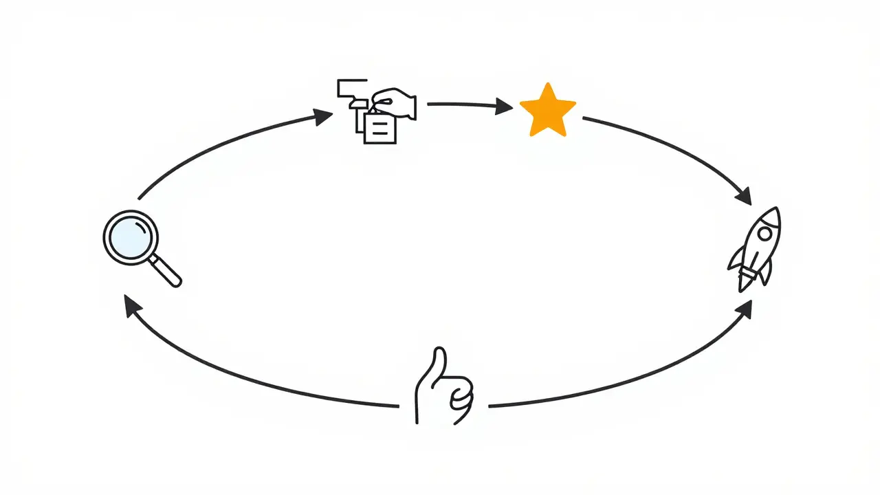 Circular monoline illustration depicting the AI continuous improvement flywheel.