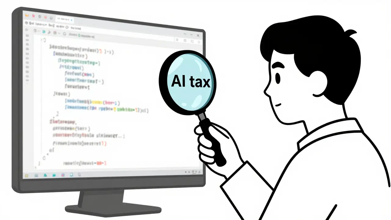 Developer using a magnifying glass to audit AI-generated code in monoline style.
