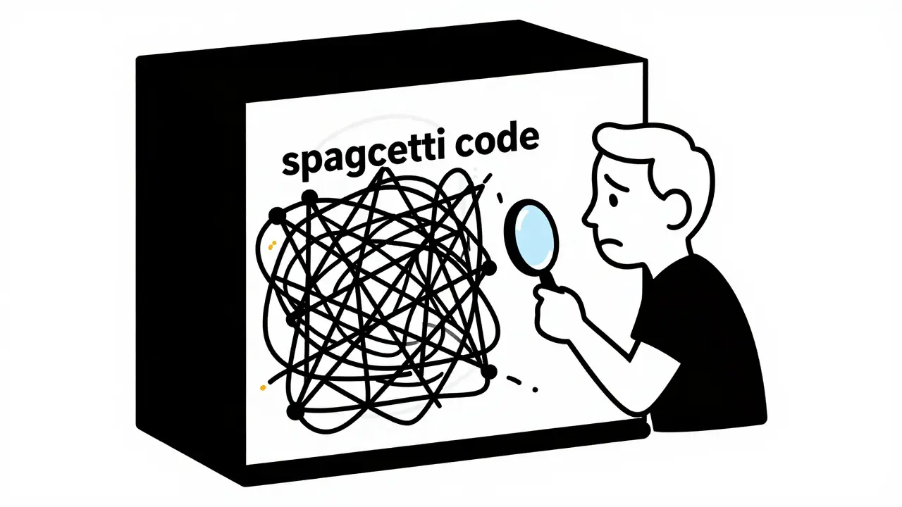 Engineer attempting to debug a complex web of AI-generated spaghetti code