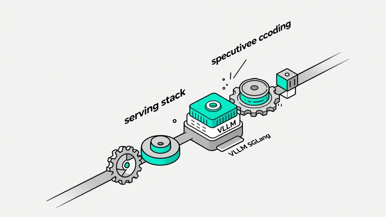 Isometric view of an AI serving stack with data flowing through optimized filters