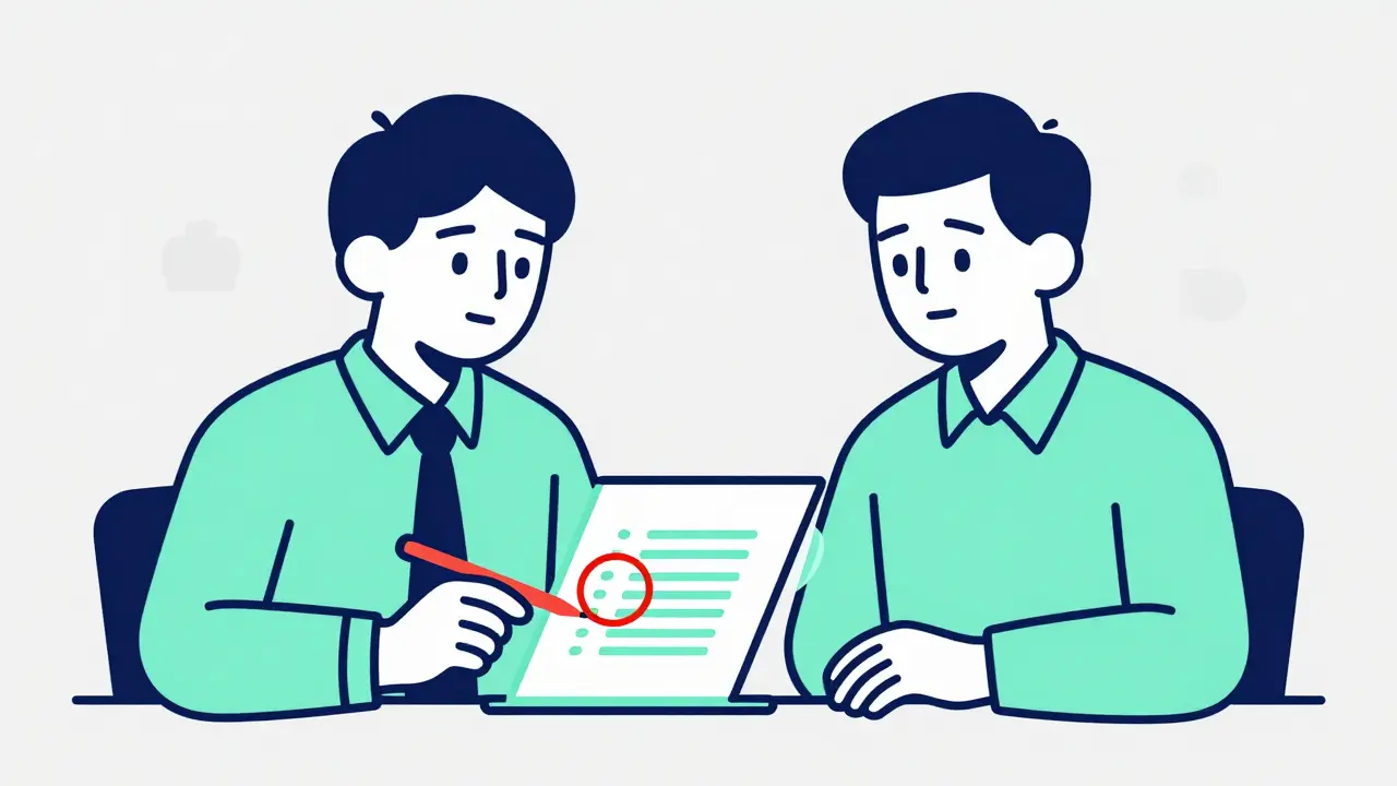 Monoline art of a human editing an AI's holographic draft at a desk