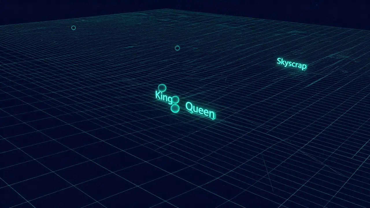 Monoline drawing of a 3D grid with clustered spheres representing related word meanings in vector space.