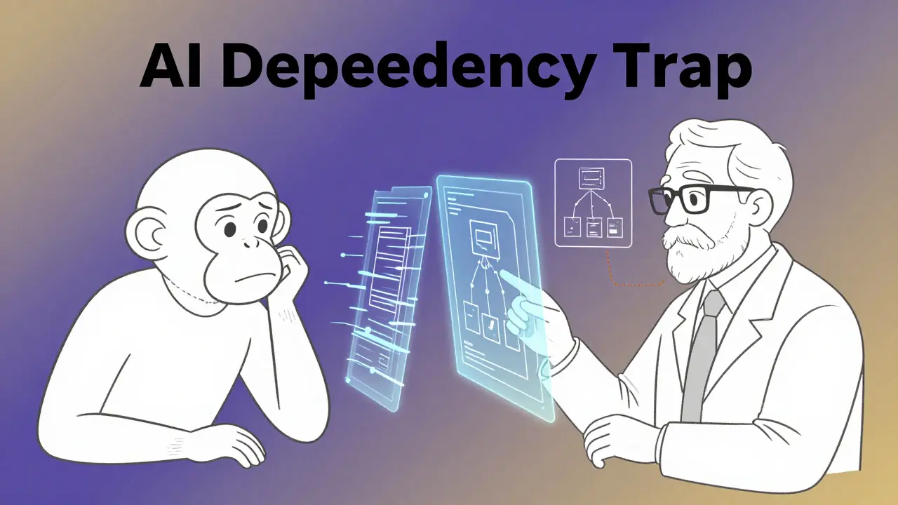 Monoline illustration comparing a confused prompt user with an expert auditing AI code using CS principles.