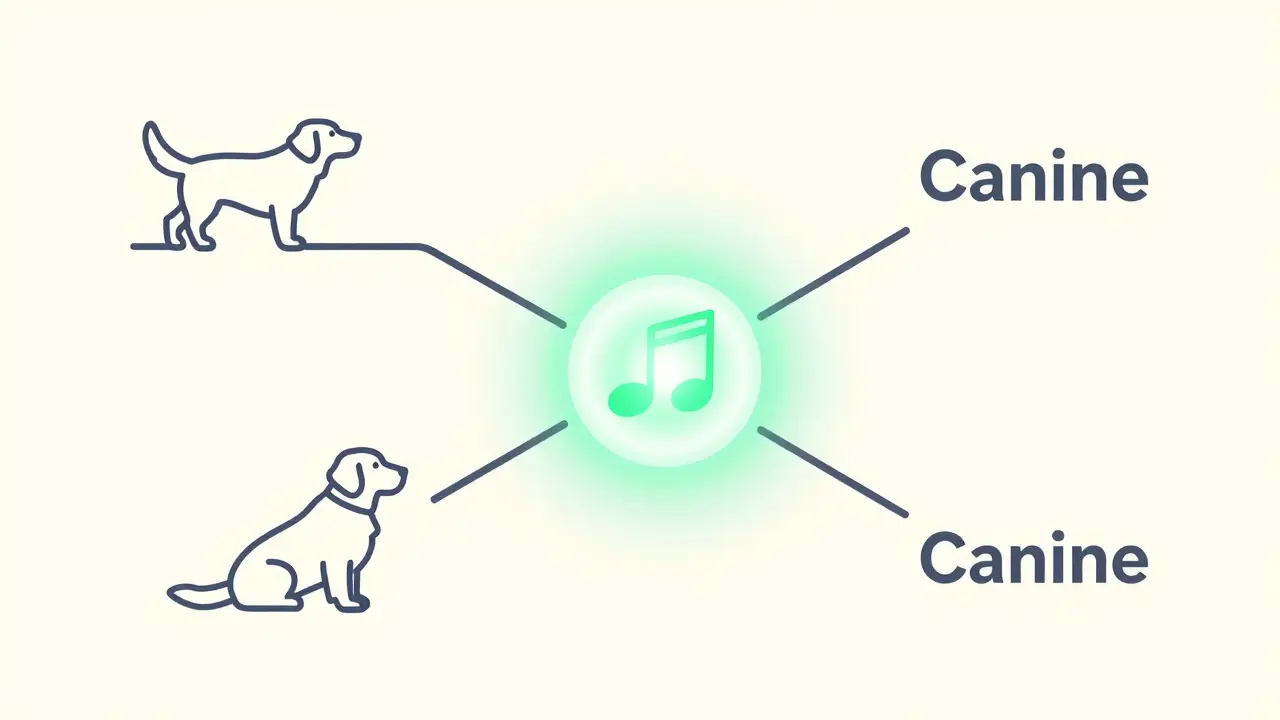 Monoline illustration connecting a dog image, a sound note, and the word canine to a single central point.