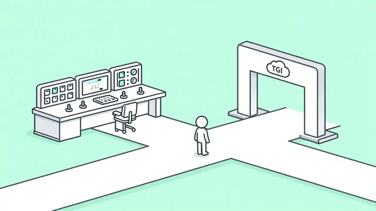 Monoline illustration of a developer choosing between a control center and a cloud portal.