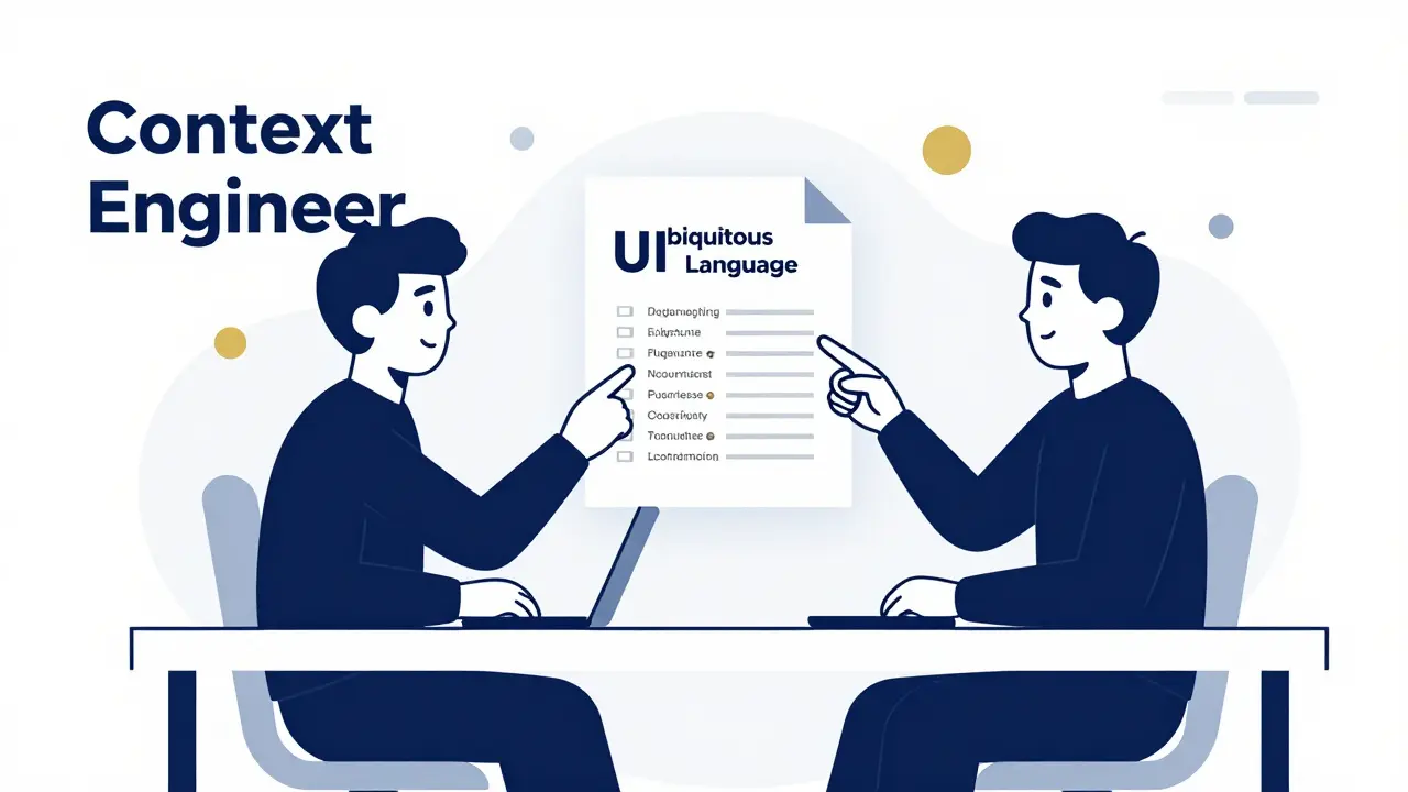 Monoline illustration of a human and AI collaborating on a shared ubiquitous language glossary.