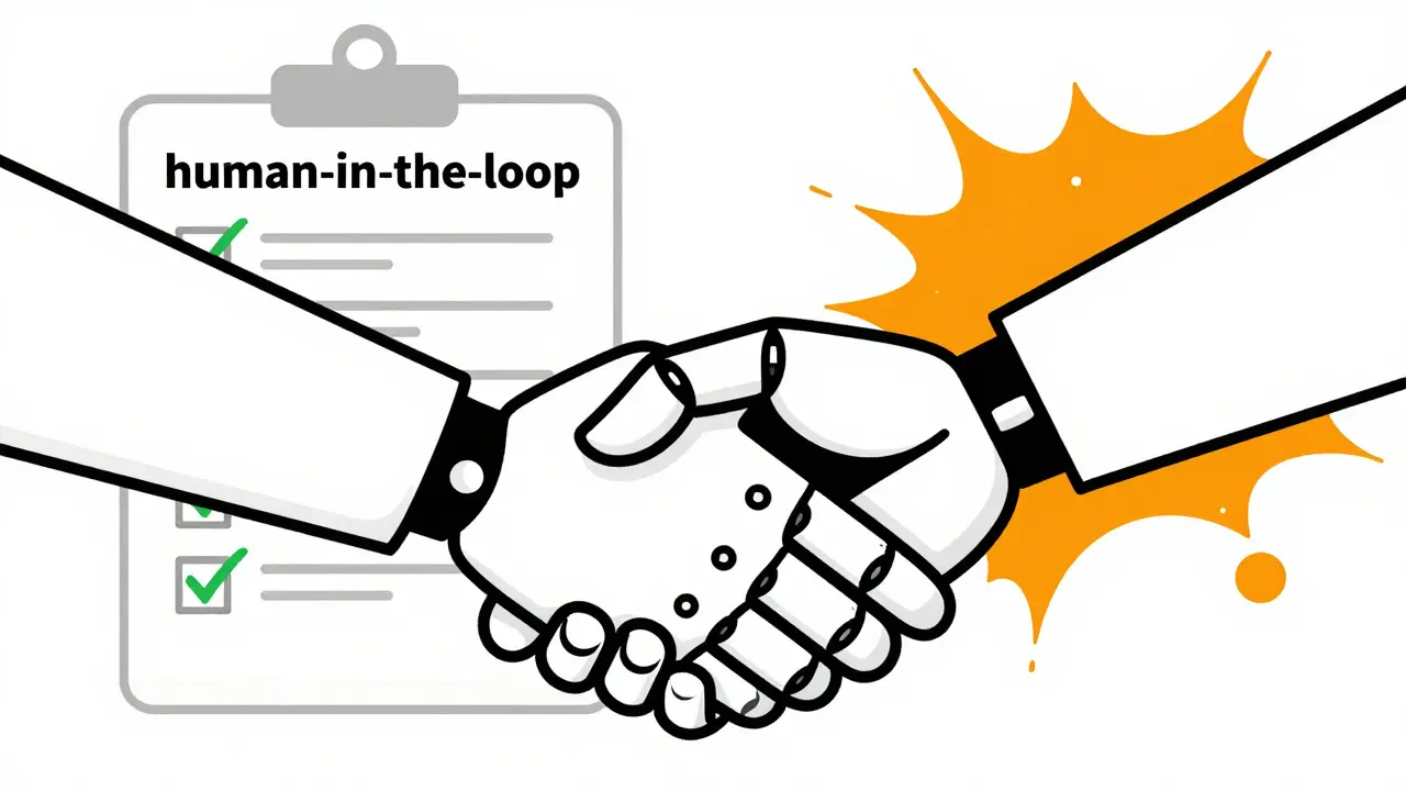 Monoline illustration of a human and robotic hand shaking in front of a compliance checklist.