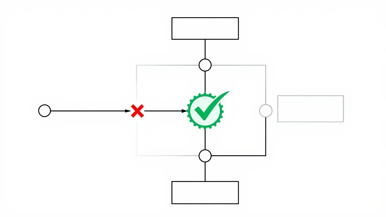 Monoline illustration of a logic flow chart being corrected by an external verification symbol.