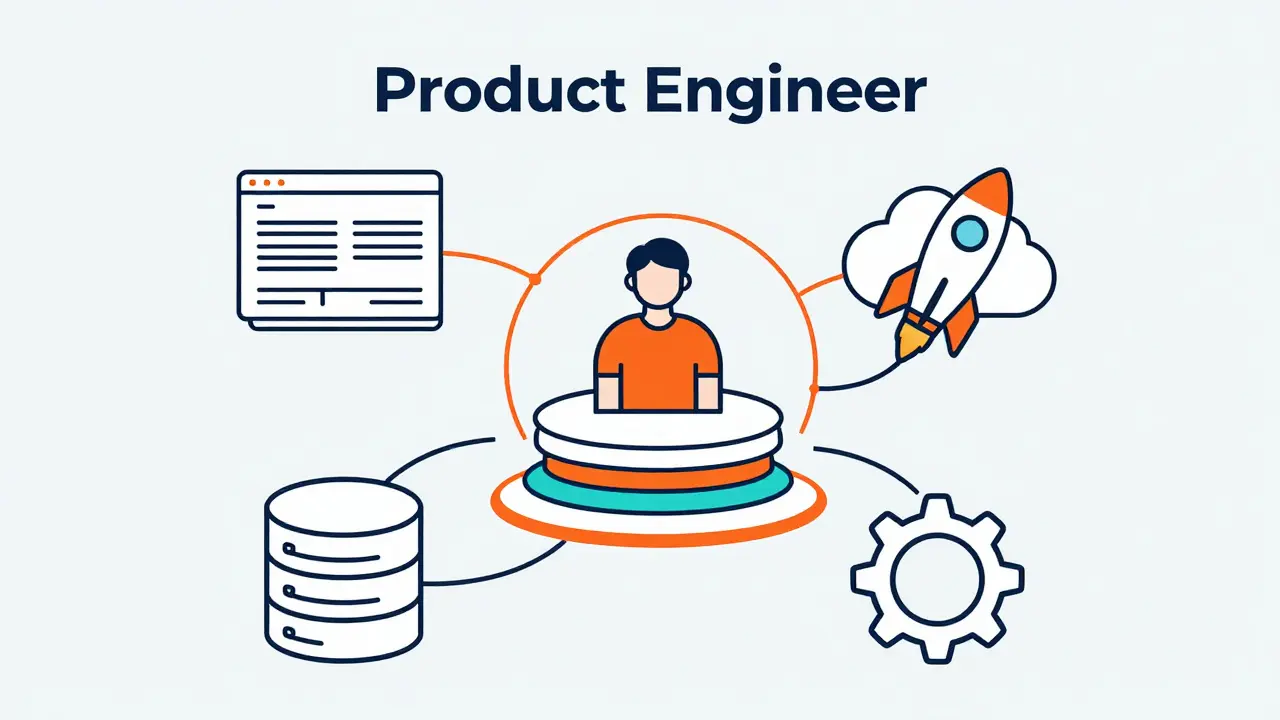 Monoline illustration of a product engineer managing UI, database, and cloud deployment icons.