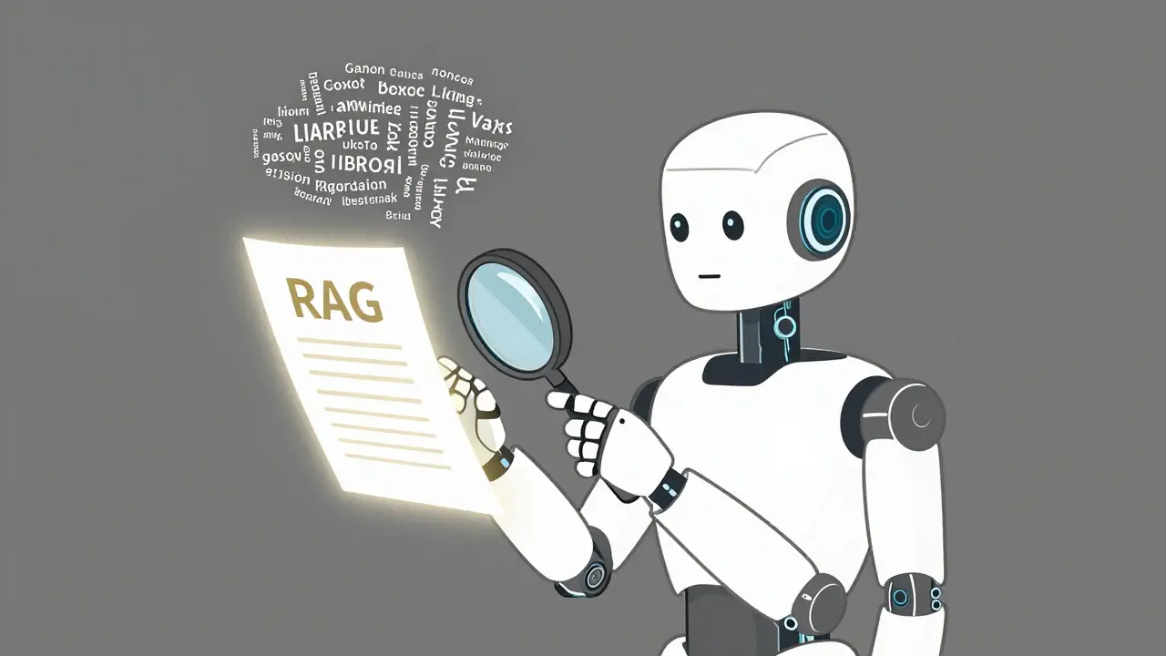 Monoline illustration of a robot using a magnifying glass to verify a digital document