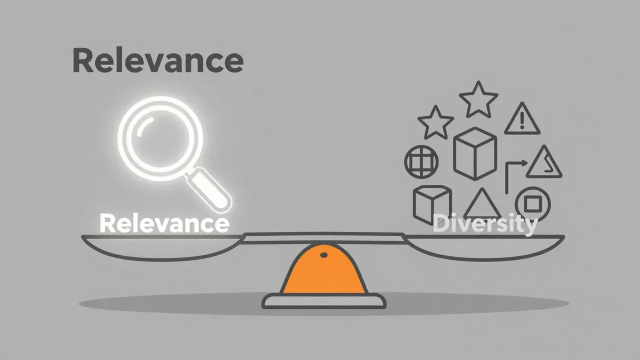 Monoline illustration of a scale balancing a relevance magnifying glass with diverse geometric shapes.