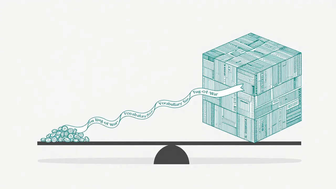 Monoline illustration of a scale balancing vocabulary size against sequence length.