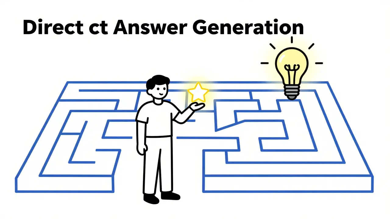 Monoline illustration of a tour guide leading the way through a maze of links to a lightbulb of knowledge.
