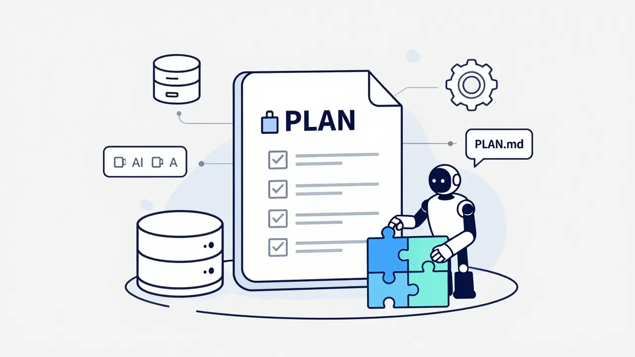 Monoline illustration of an AI agent using a PLAN.md document to organize a project architecture