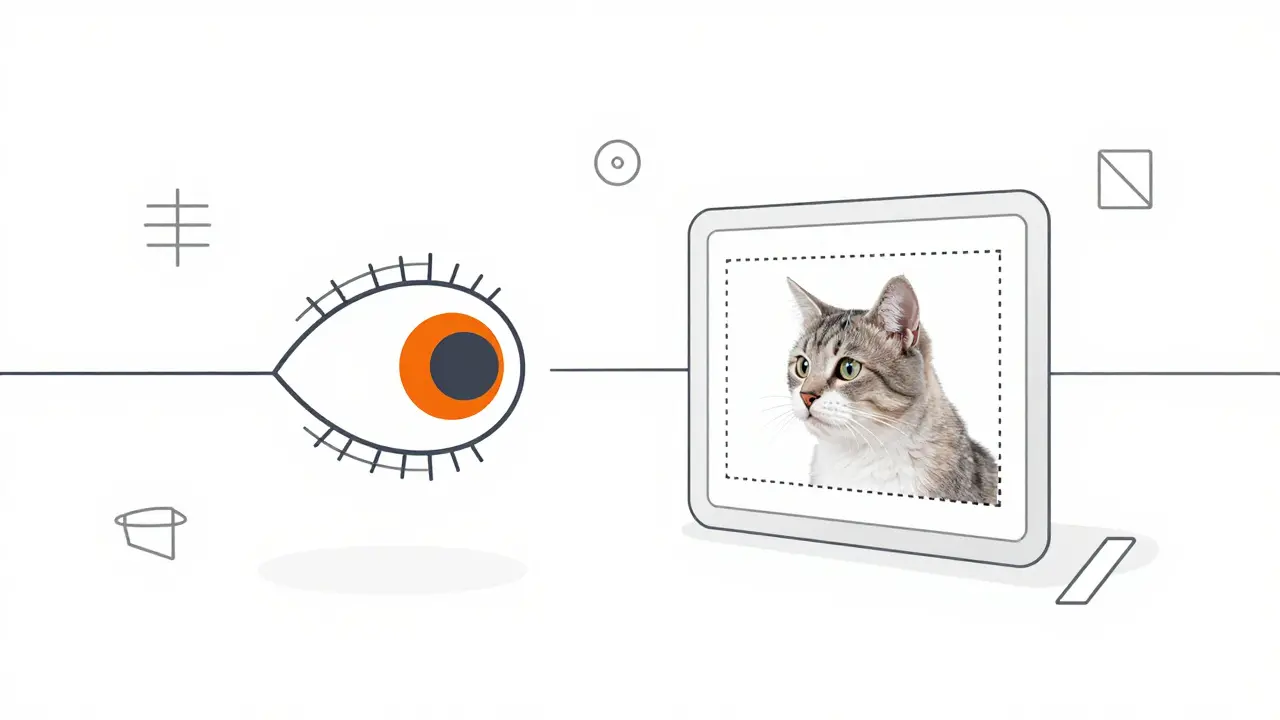 Monoline illustration of an AI eye verifying an object in an image with a bounding box.