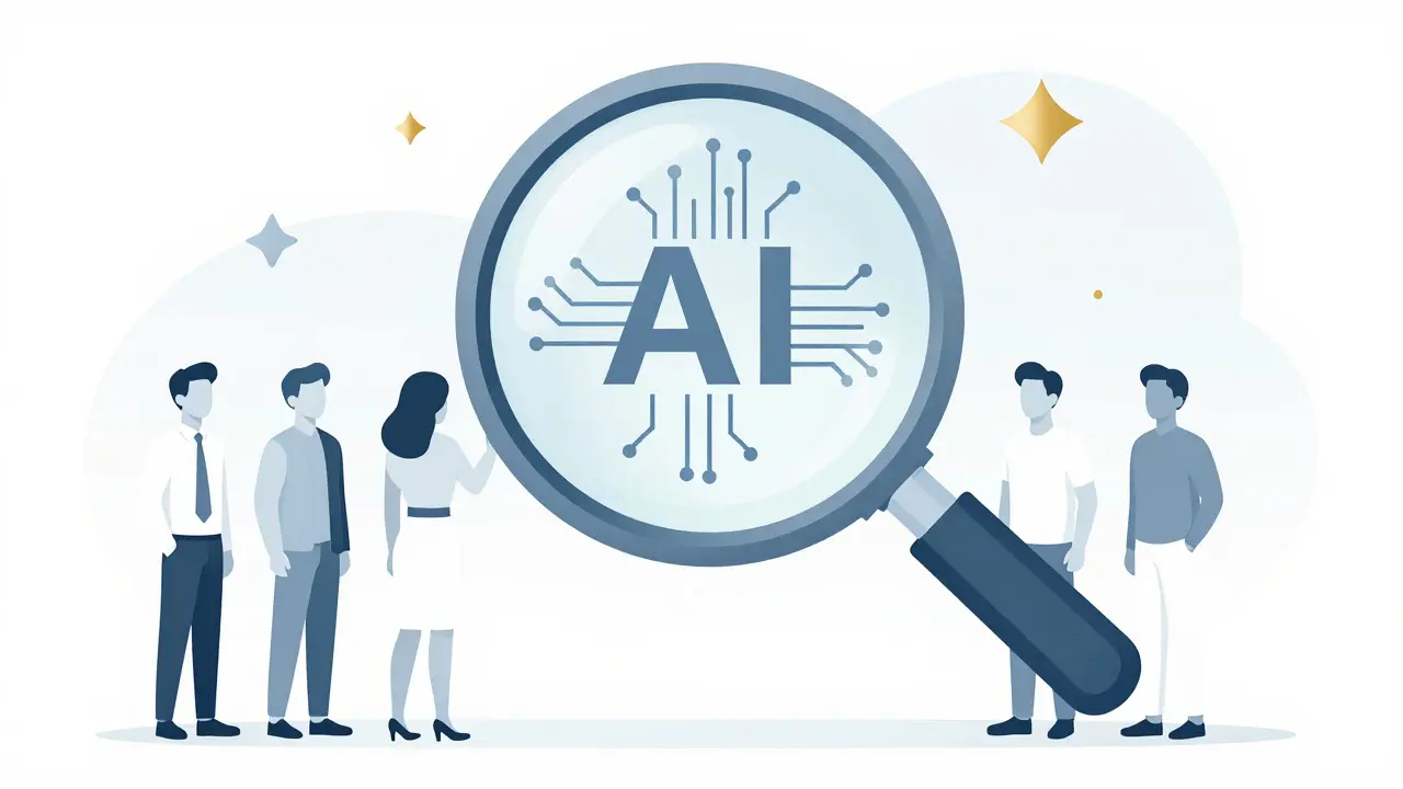 Monoline illustration of people being evaluated by a magnifying glass analyzing AI circuits.