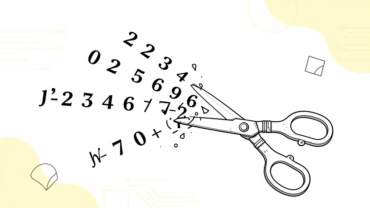 Monoline illustration of robotic scissors incorrectly splitting numbers in an equation.