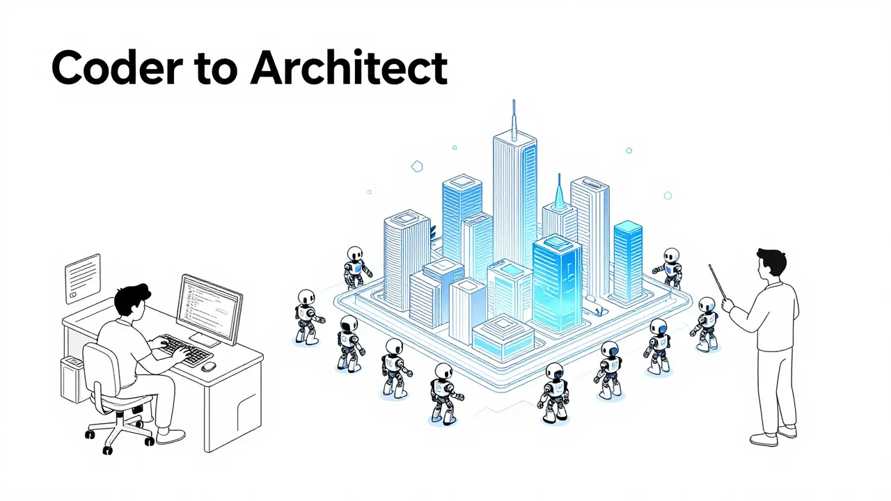Monoline illustration showing a developer transitioning from typing code to orchestrating AI agents