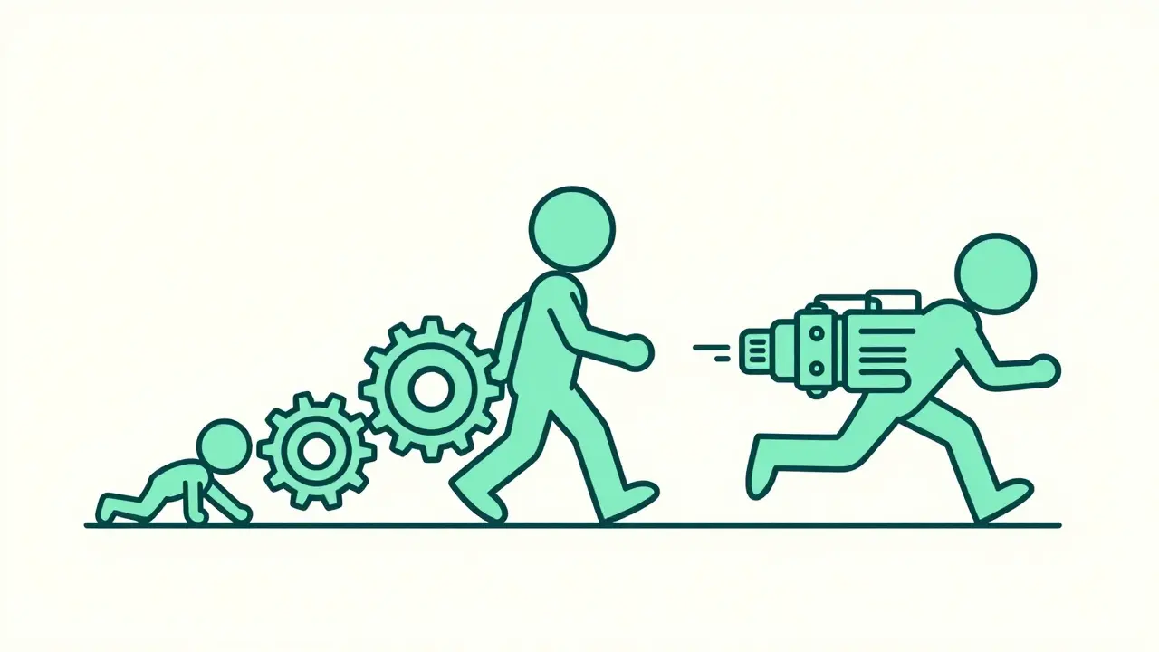 Monoline illustration showing the progression from a single gear to a complex digital engine.