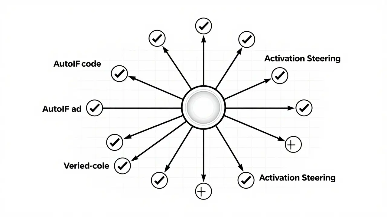 Abstract monoline diagram showing neural network steering and automated verification vectors.