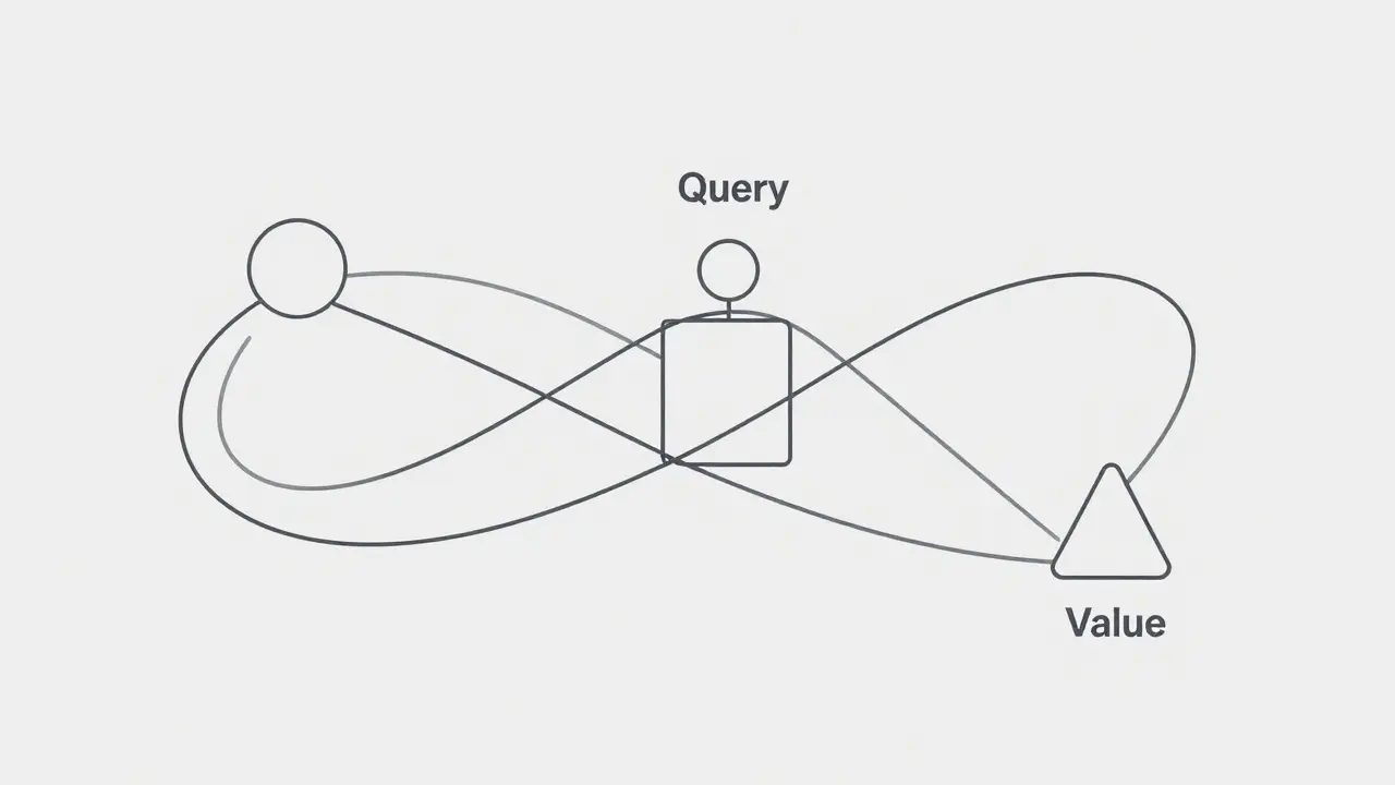 Abstract monoline diagram showing Query, Key, and Value vectors connected by flowing lines.
