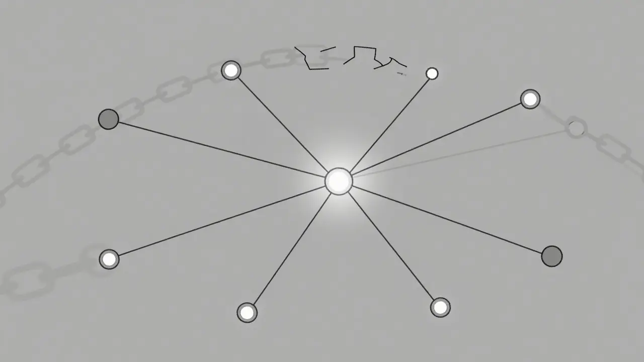 Abstract monoline drawing showing Transformer self-attention connecting distant nodes versus fading RNN links.