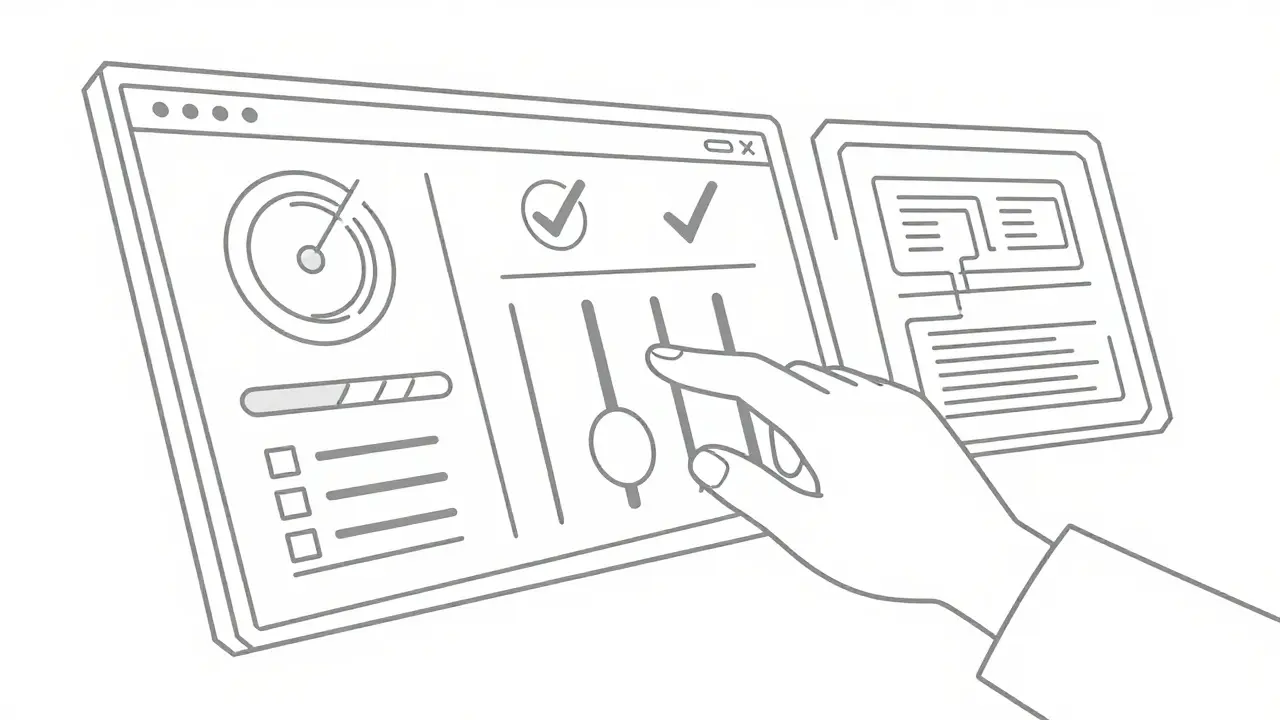 Abstract security dashboard with hand adjusting controls in continuous line art