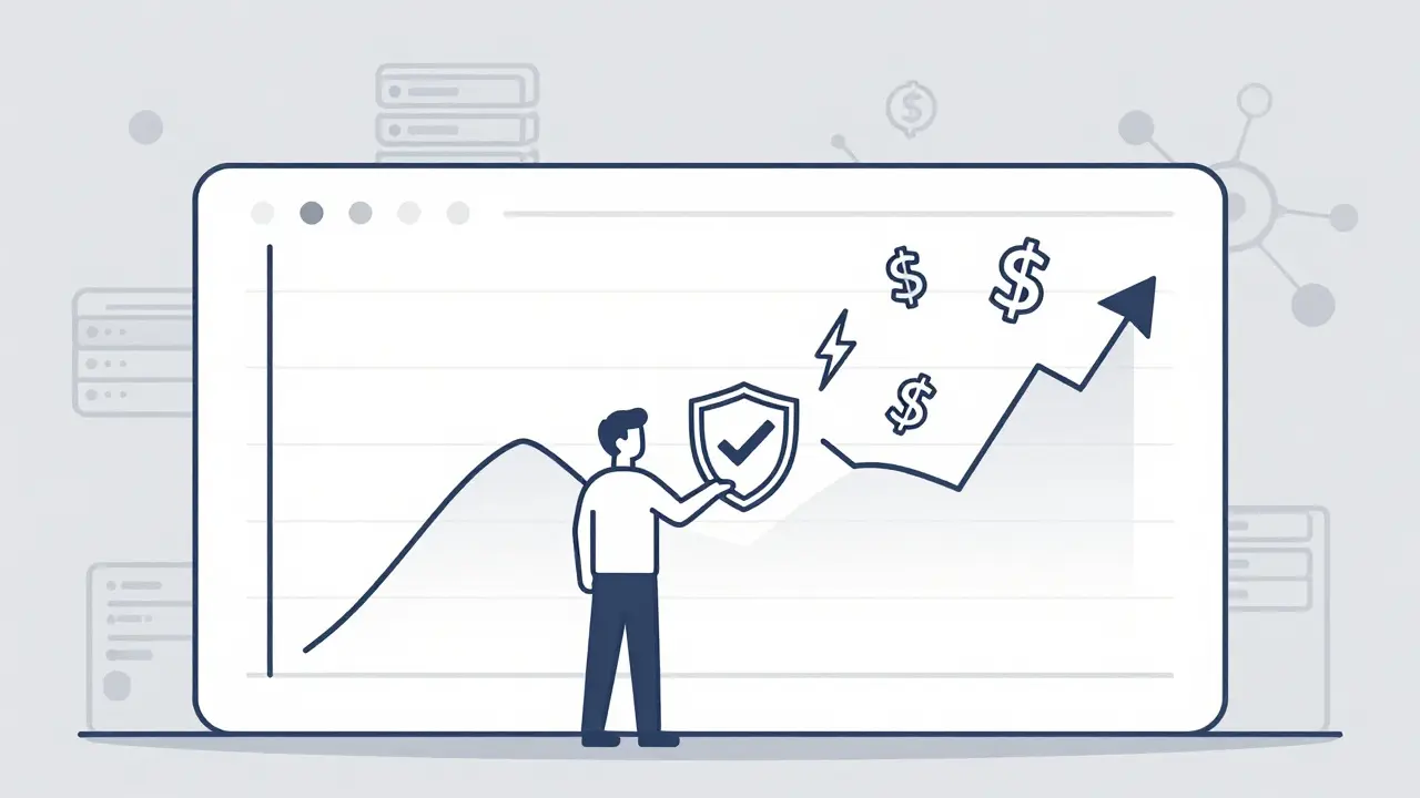 Analyst using a shield to block cost overrun arrows while viewing a stable chart