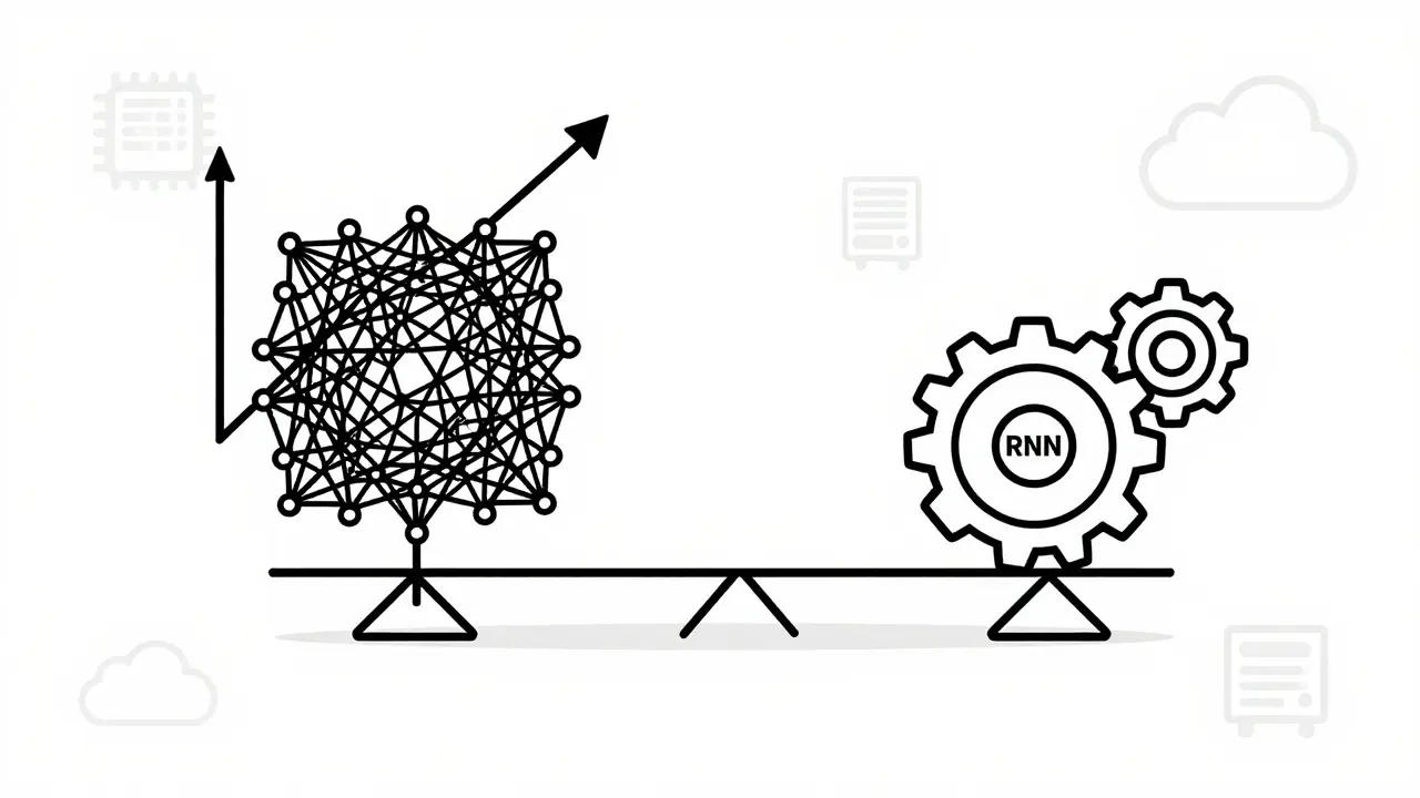 Balance scale monoline illustration contrasting Transformer complexity with RNN efficiency for different tasks.