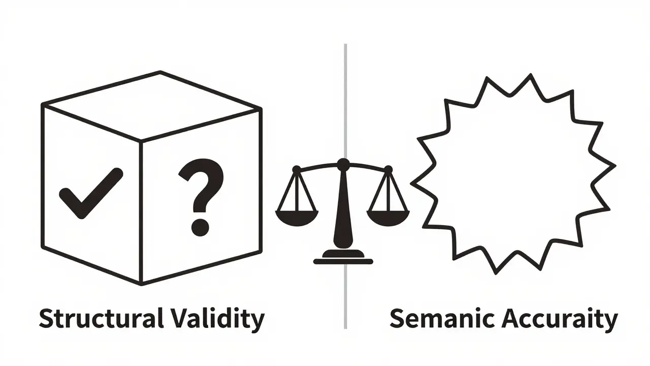 Balance scale weighing structural validity against semantic accuracy trade-offs