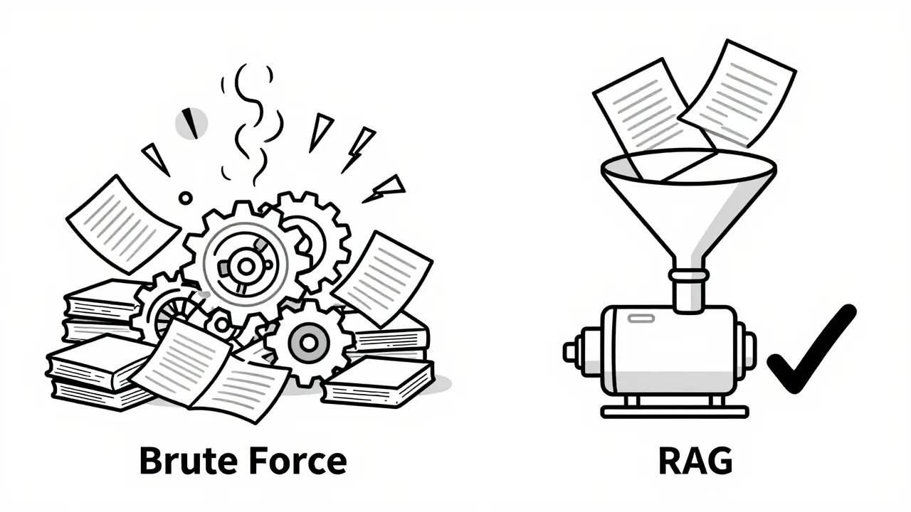 Comparison of messy brute force input vs streamlined RAG process