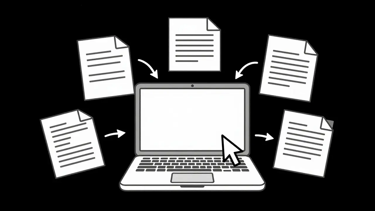 Context engineering rules flowing into a laptop workspace