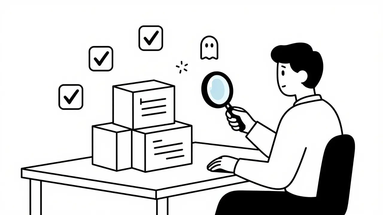 Developer inspecting modular code blocks with mock test objects nearby
