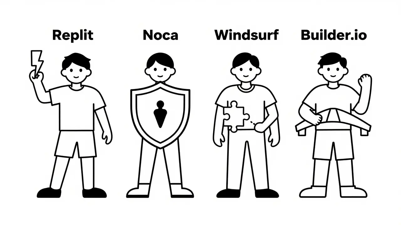 Four characters representing different coding platforms in line art