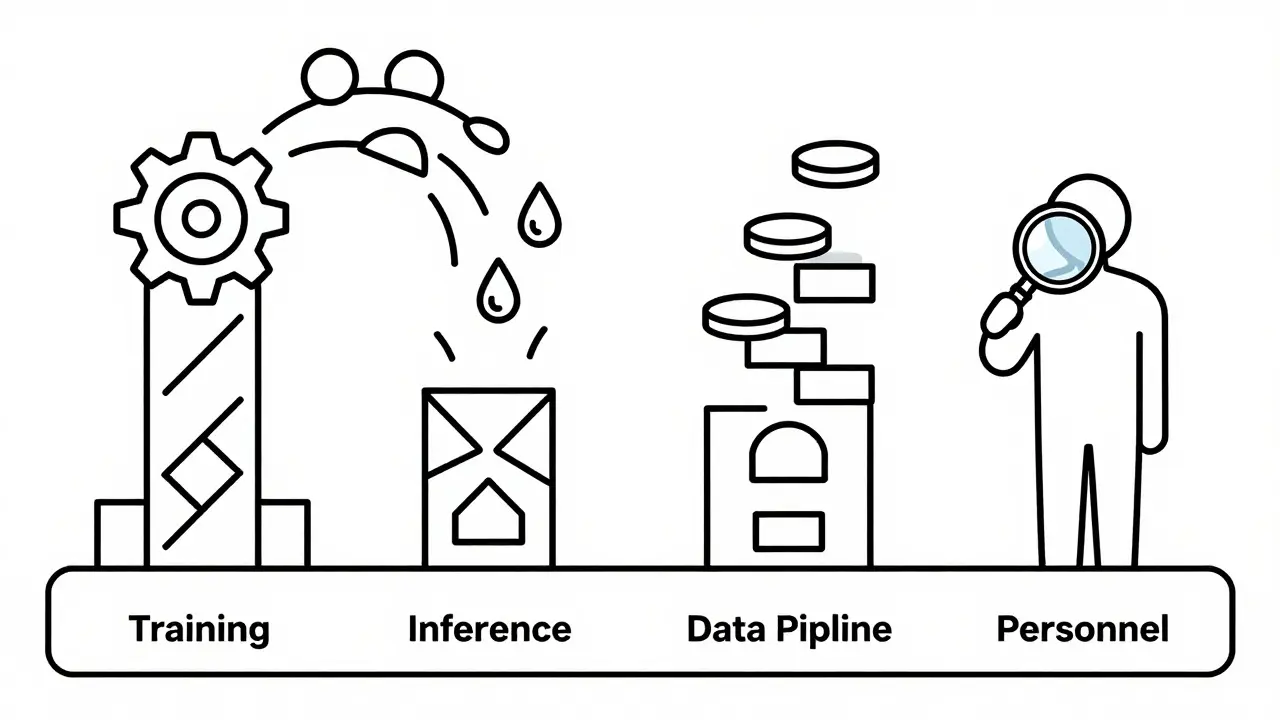 Four pillars representing training, inference, data, and personnel costs in line art