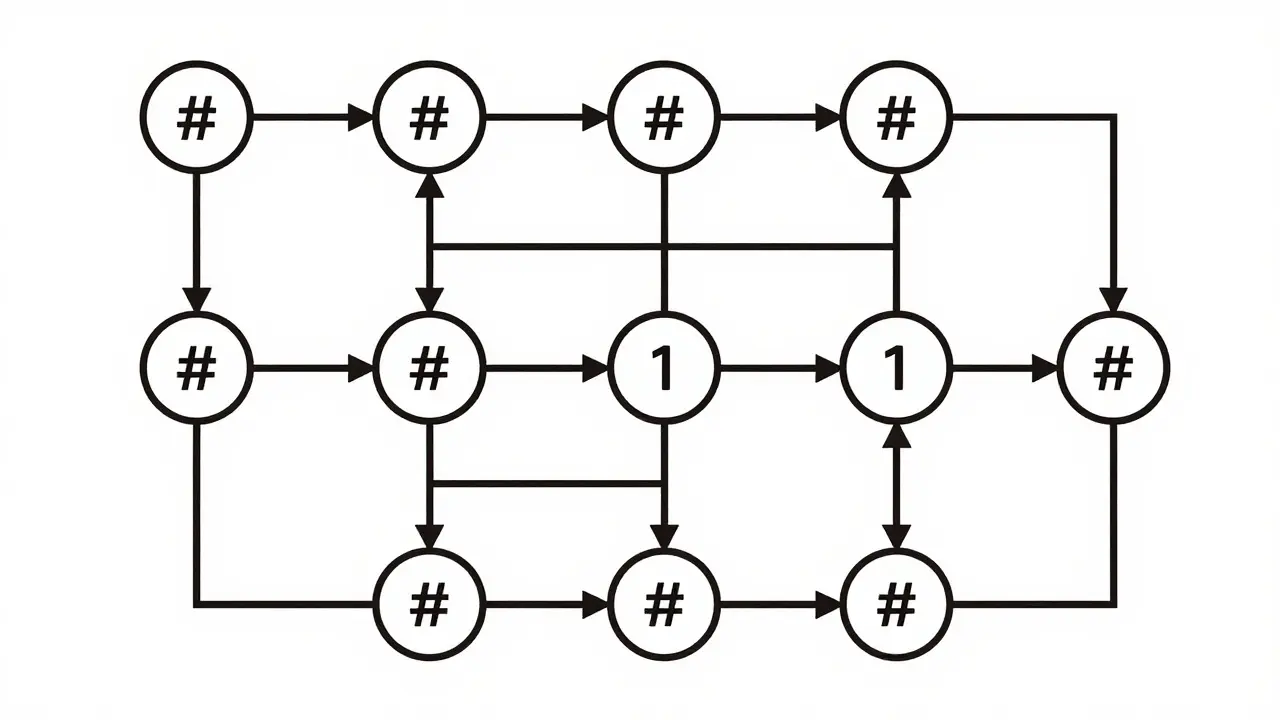 Geometric finite state machine nodes illustrating structured JSON constraints