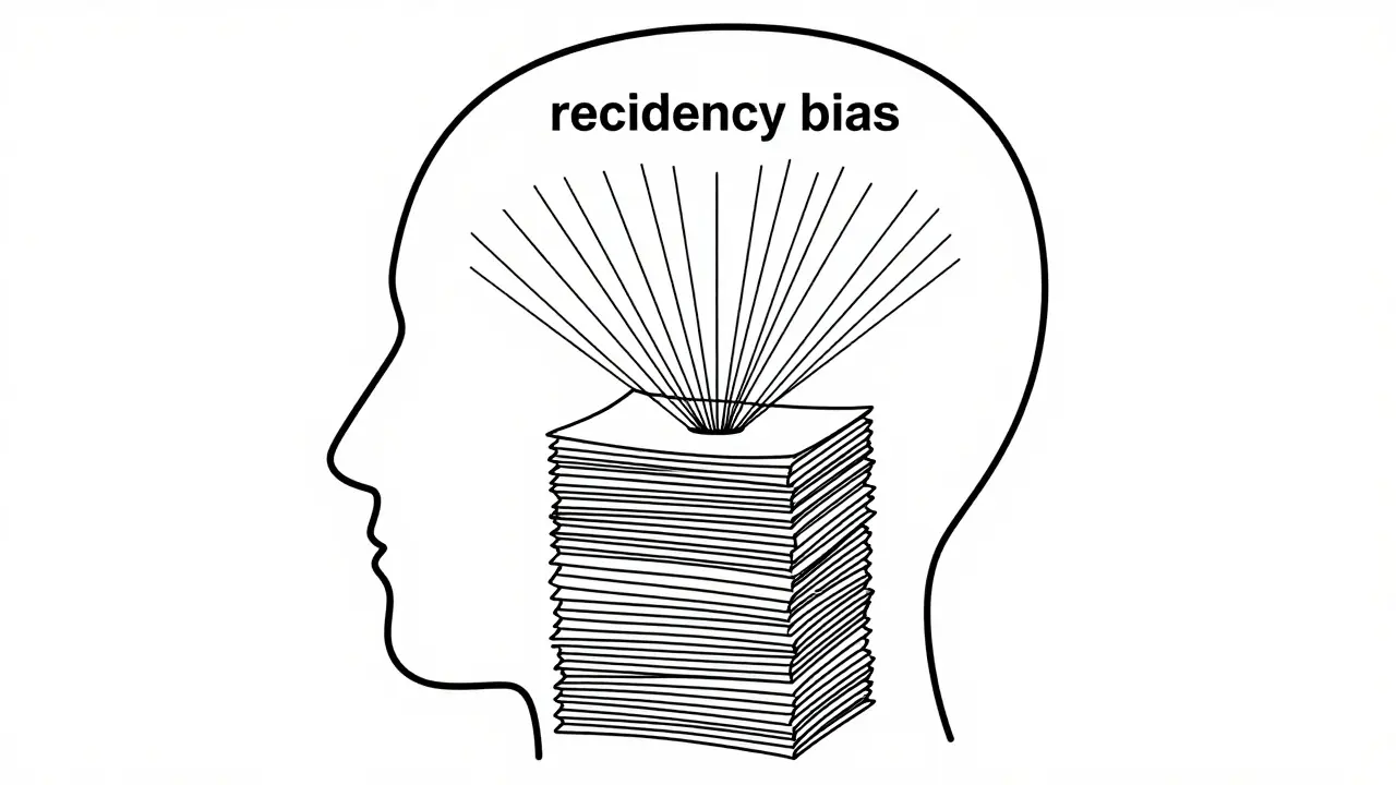 Head illustration showing attention focused on bottom of document stack
