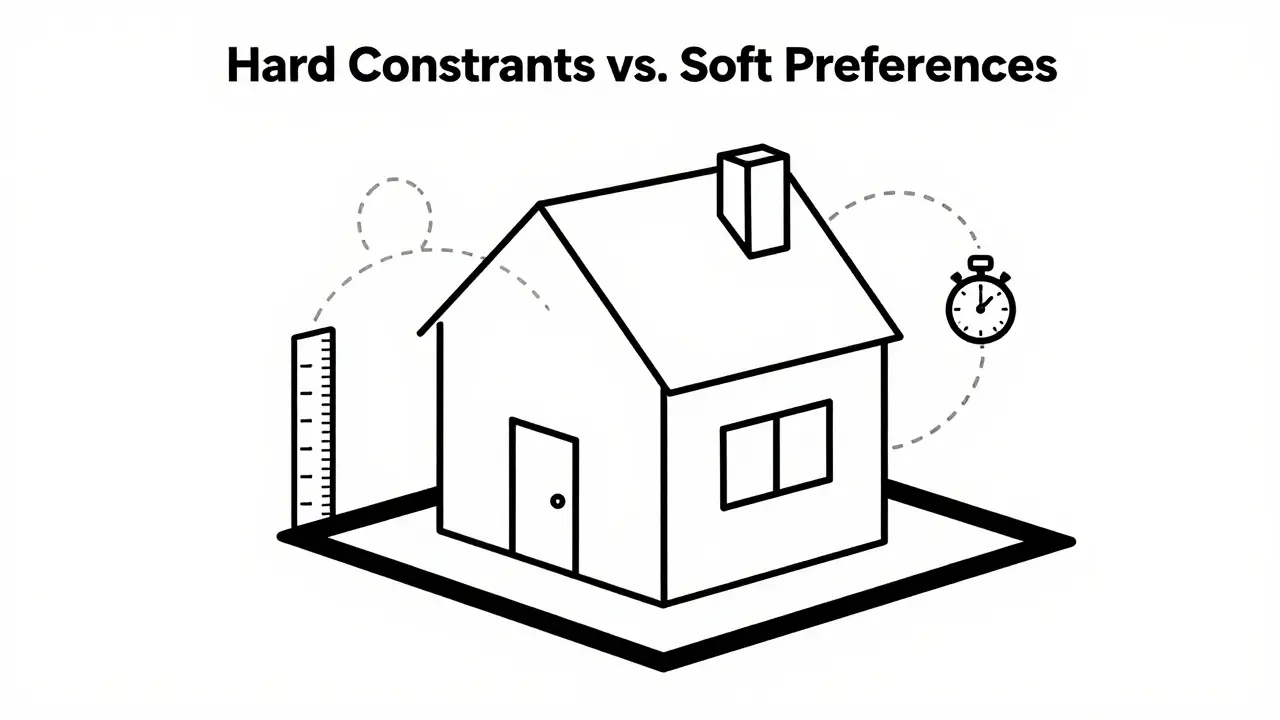 House foundation representing hard constraints versus dashed preference lines