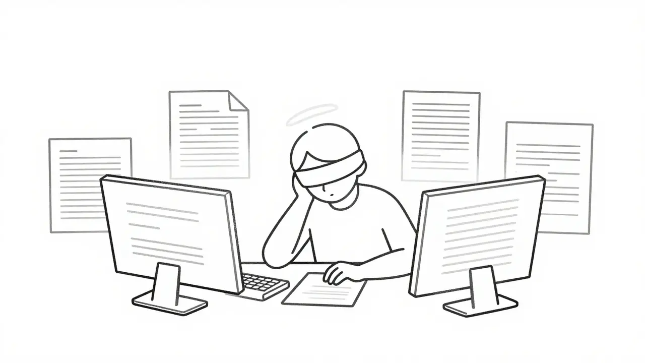 Illustration showing reviewer fatigue and bias in AI oversight
