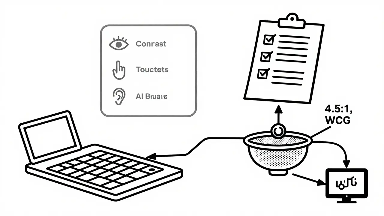 Keyboard and screen reader connected to an accessibility compliance checklist