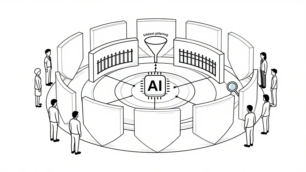 Layered shield illustration representing multi-stage AI security defenses.