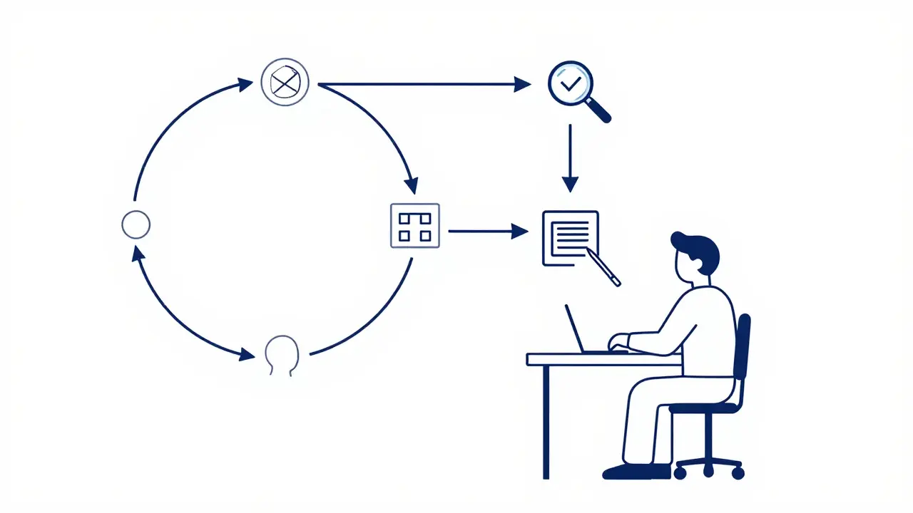 Line art showing a person refining AI prompts in a cyclical workflow