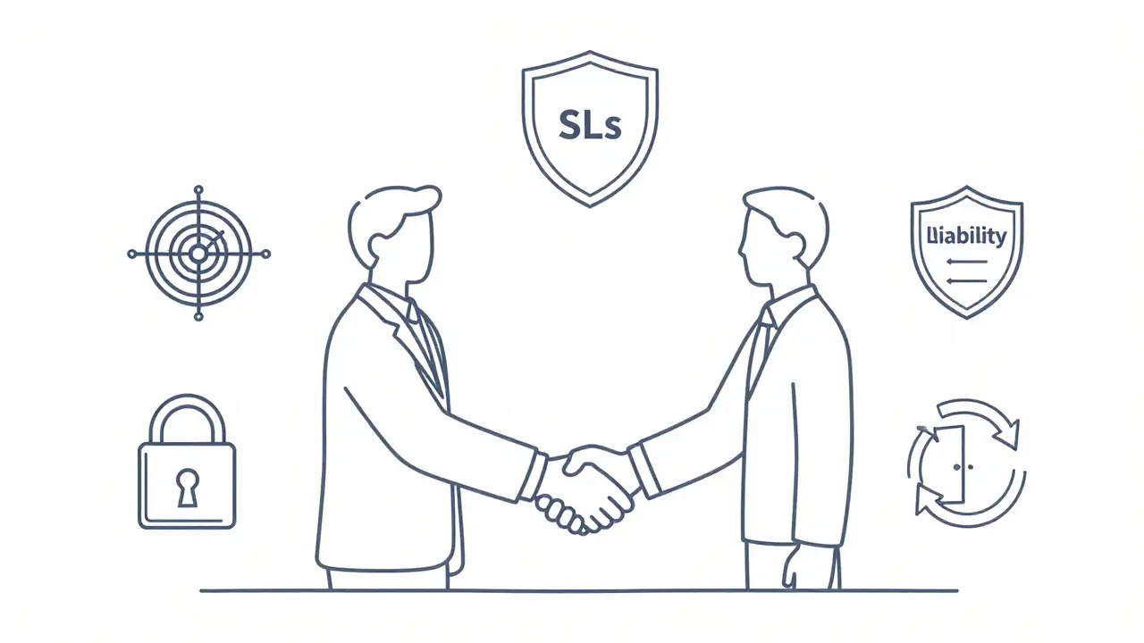 Line drawing of a handshake surrounded by icons for AI contract key terms.