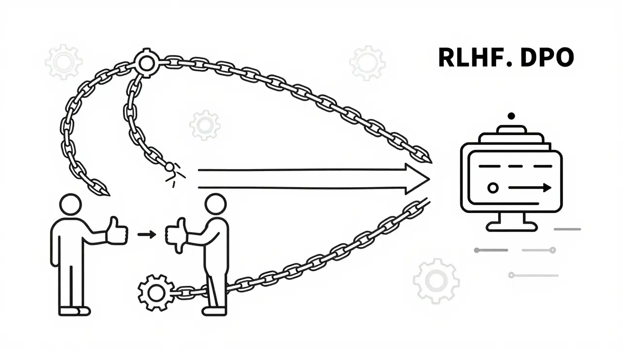 Minimalist line art comparing complex RLHF chains to streamlined DPO optimization arrows.