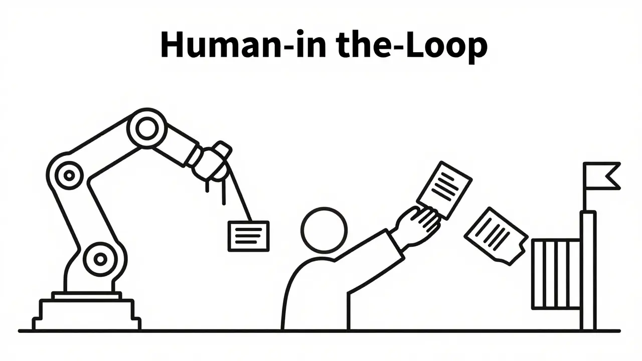 Minimalist line art of a human reviewing AI output in a loop