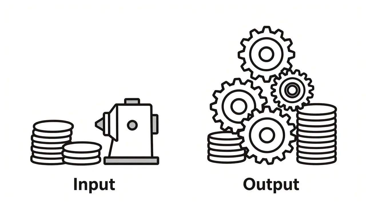 Monoline art comparing cheap input to costly output